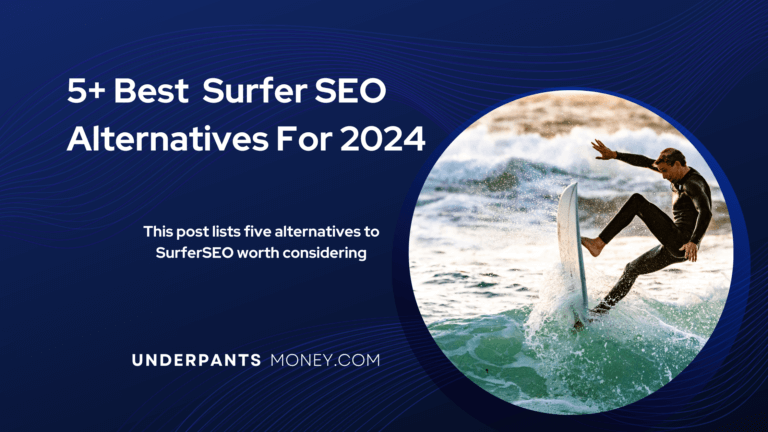Surfer SEO alternative post including description text and website next to a surfer jumping a wave