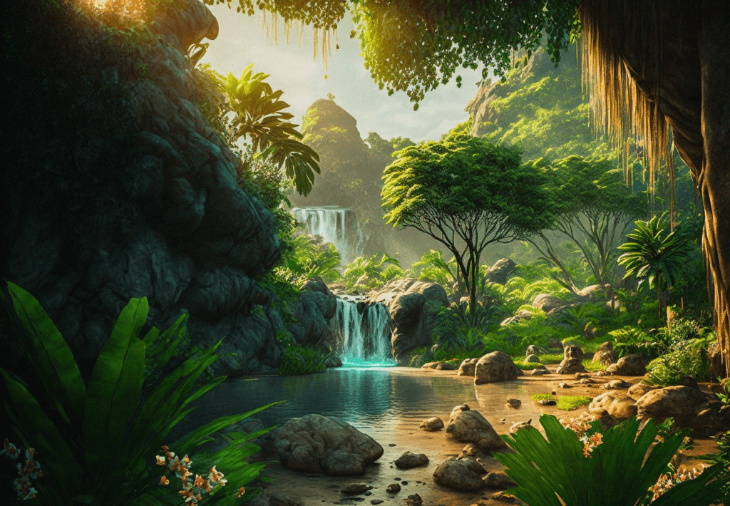 enchanted forest with waterfall