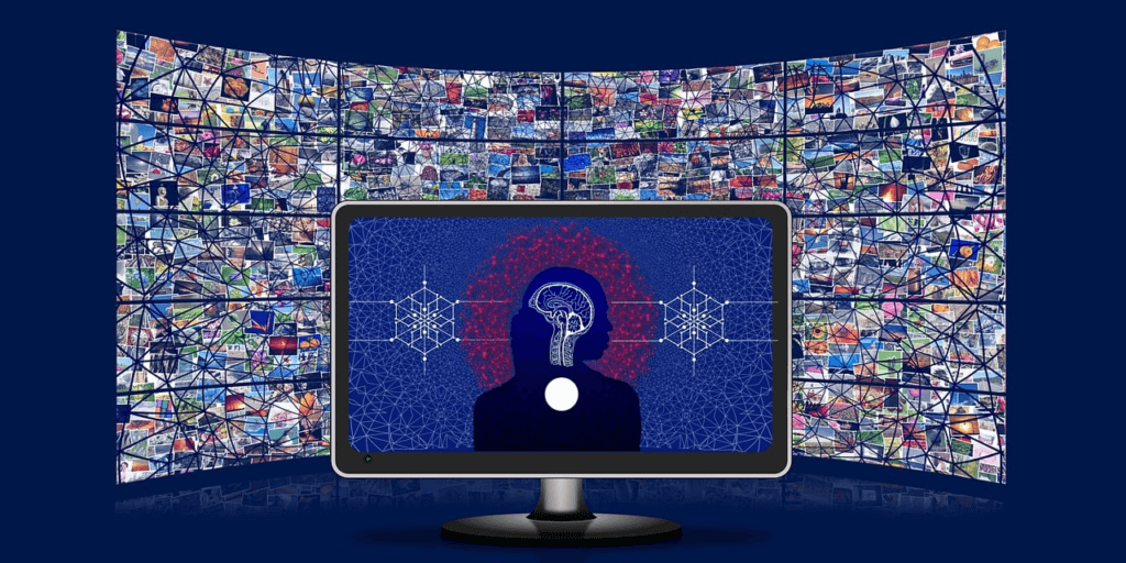 multiple screens representing ai brain