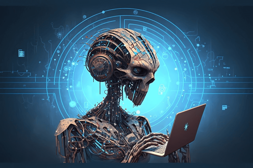 ai robot skeleton typing on computer