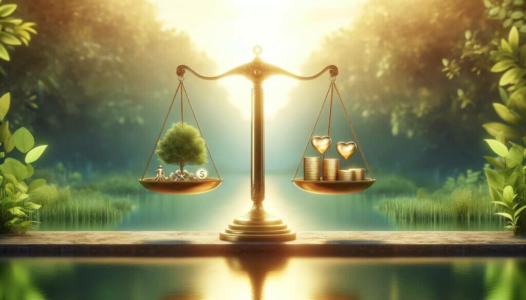 golden scales in serene garden pond. weighing gold and golden hearts against a tree, money, and a person. scales are balanced.