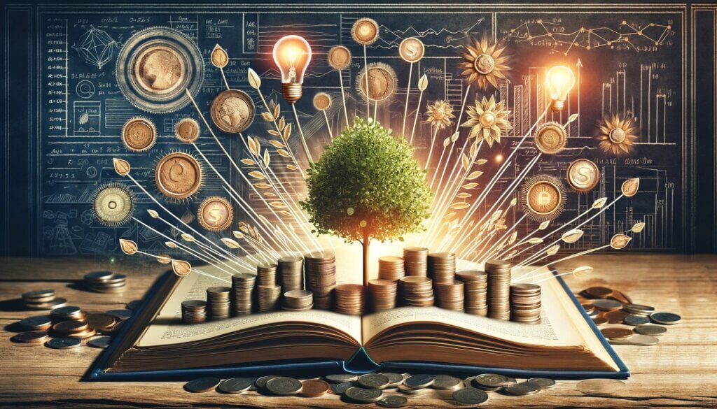 open book with money and tree sitting on pages and many symbols coming from the book. knowledge, growth and wealth