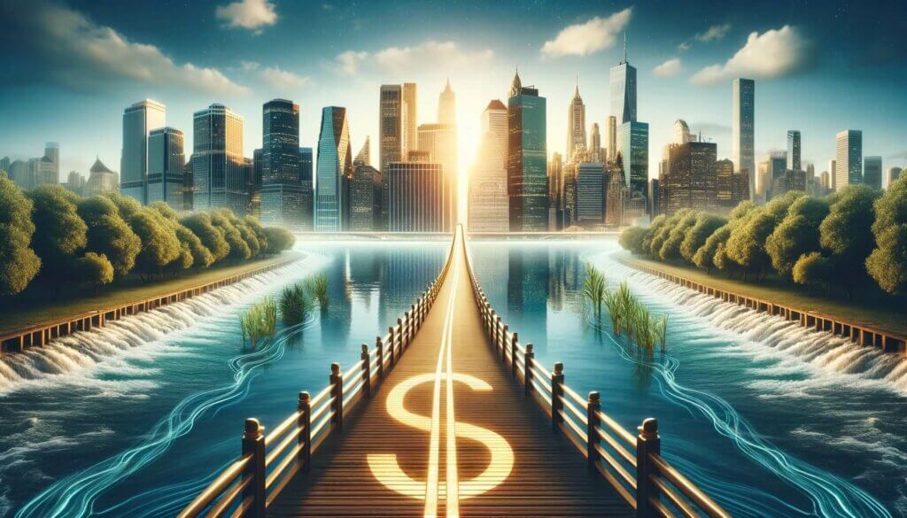 money symbol on bridge leading into a major city with tall buildings