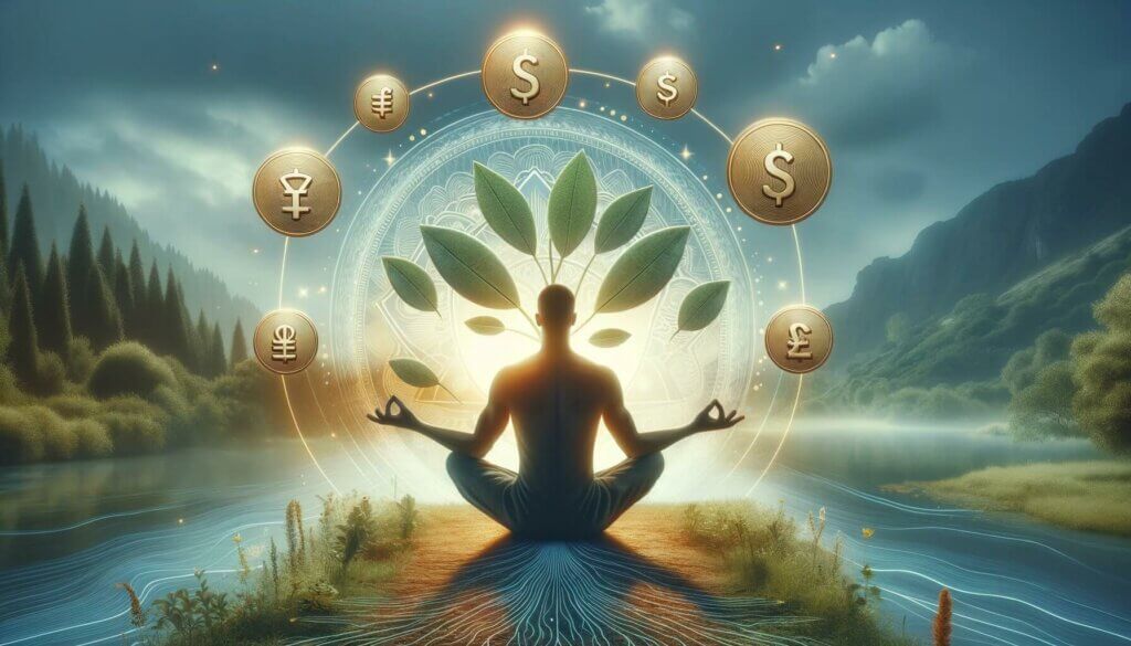 man meditating on island in river with mystical aura and money symbols floating around