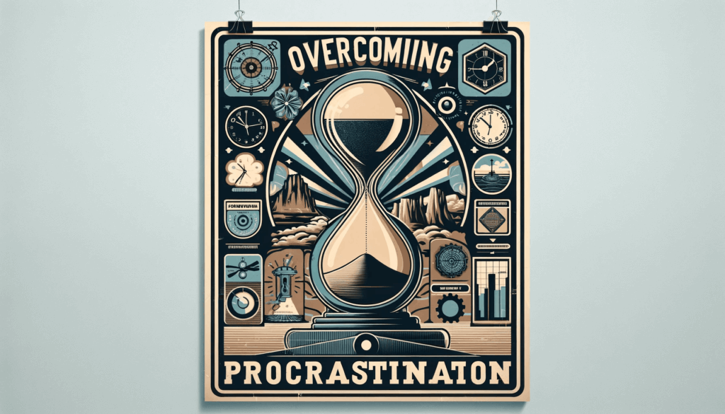 stylized hourglass an various time measuring instruments around it with the words overcoming procrastinaiton.