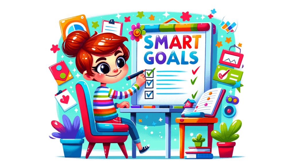 cartoon person checking off smart goals on a white board