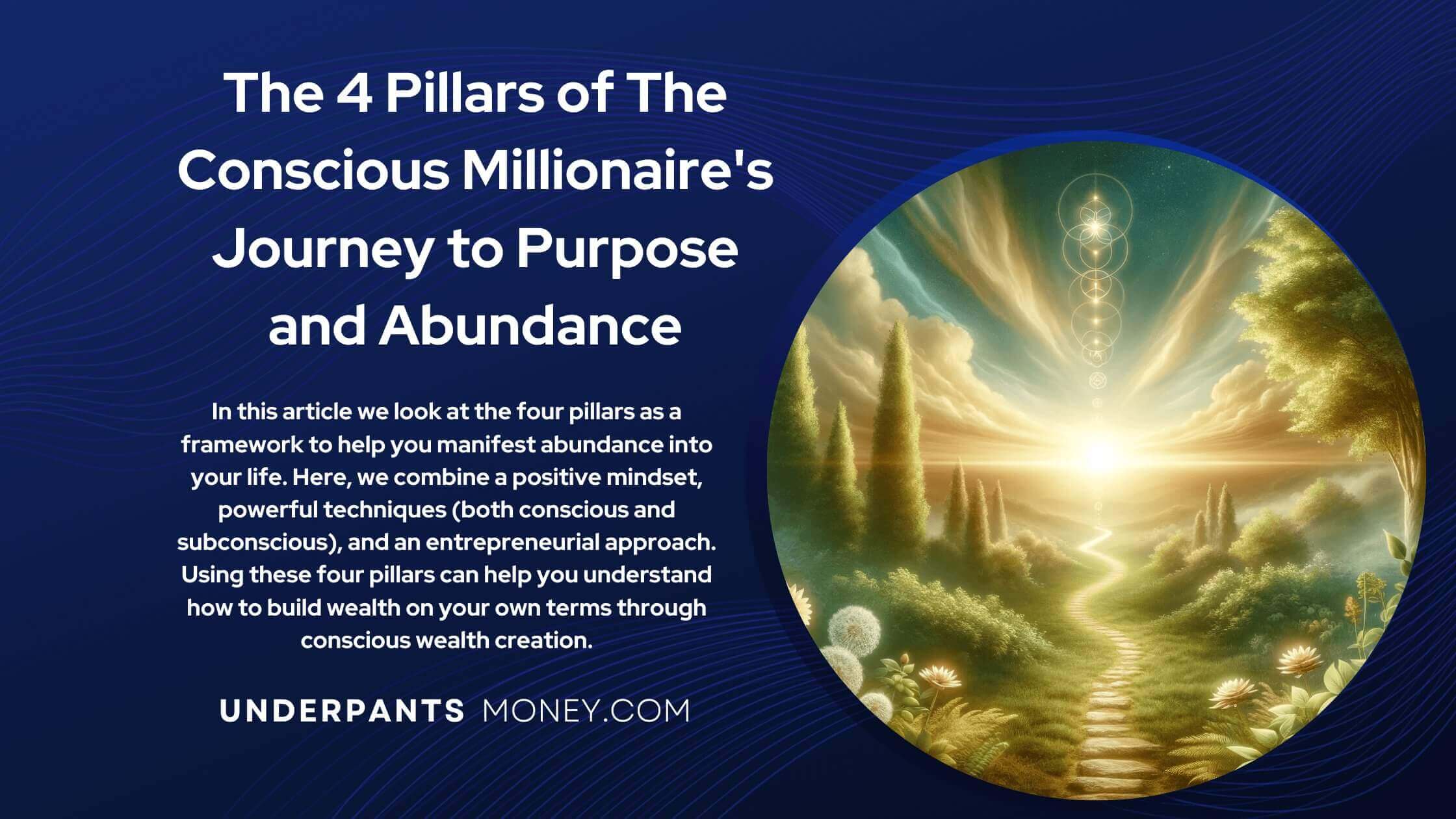 4 Pillars of the conscious millionaire text with description on blue. mystical path leading towards sacred geometry in the sky with sunset