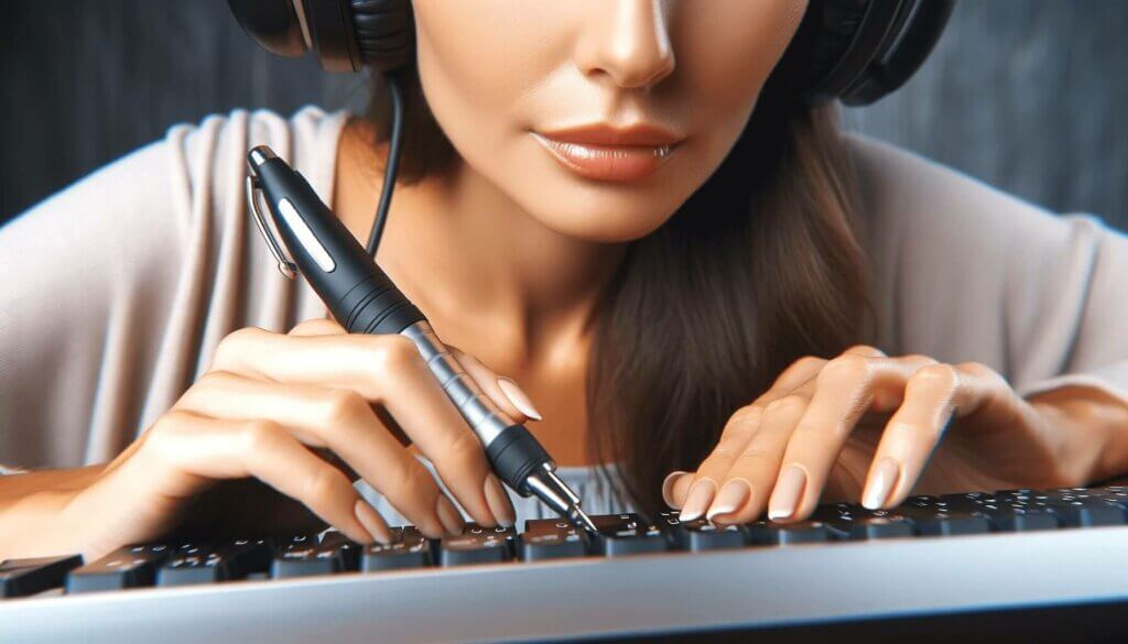 close up of woman typing on keyboard with pen between her fingers transcribing