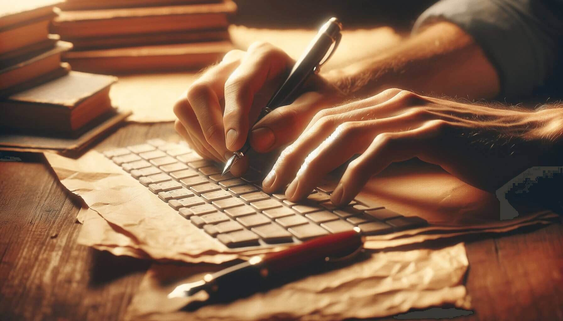close up of writers hands on a keyboard. vintage style
