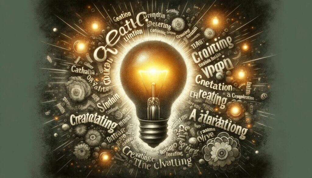a lightbulb with keywords floating around it