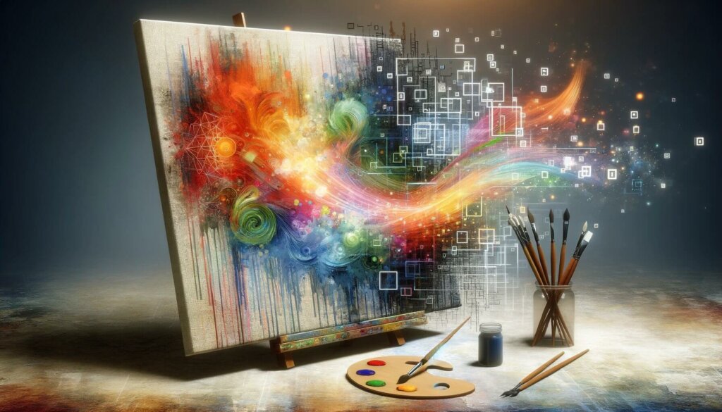 canvas with paint dripping and flowing off into the air being transformed into digital pieces