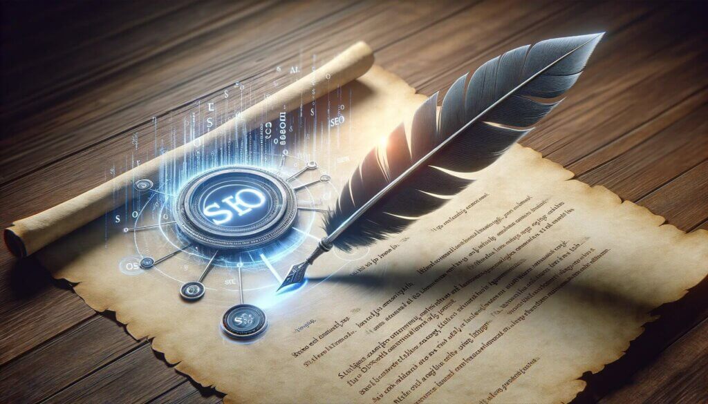 unrolled scroll on table with quill writing in blue glowing ink SEO