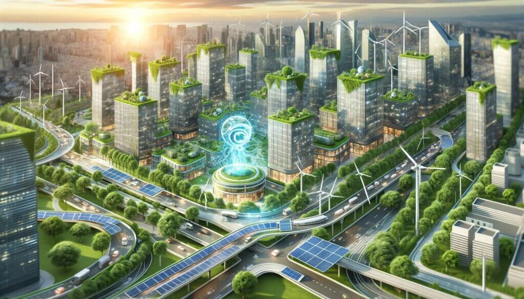a futuristic city with greenery and sustainable solutions using ai
