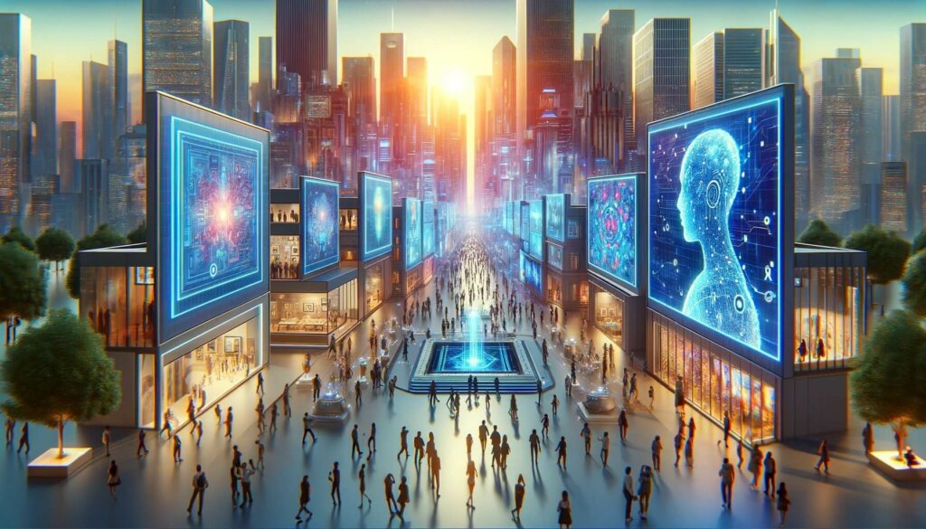 cityscape with large displays of ai art in a plaza with people looking