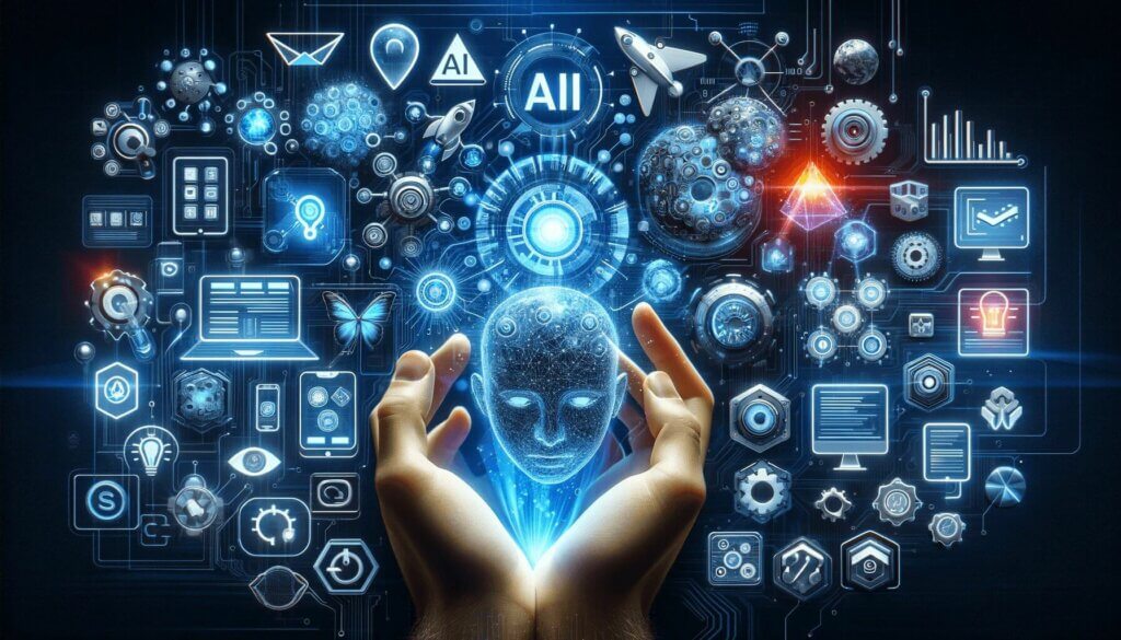 hands holding a holographic head with many symbols floating around representing apps and AI