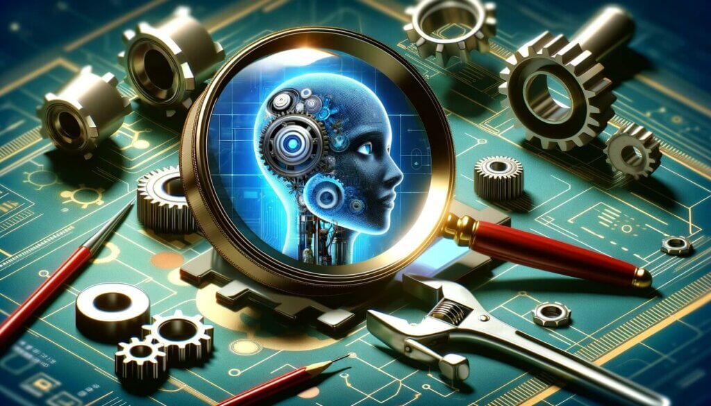 magnifying glass showing robot head on workshop desk with tools and gears