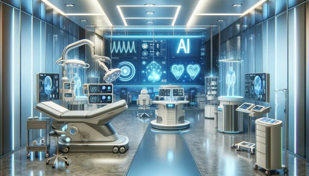 a futuristic healthcare facility with Ai integrated equipment