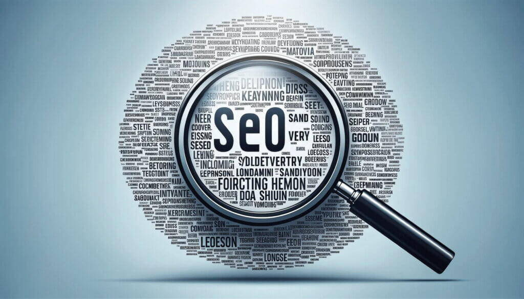 magnifying glass with SEO in the middle and keywords all around