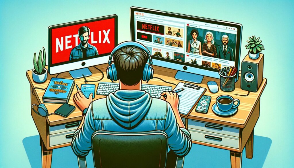 illustration of man at desk watching netflix on a screen taking notes and tagging netflix shows on the other