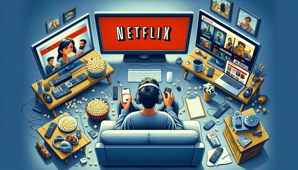 man sitting on couch with many screens, tvs, remotes, popcorn and notebooks around
