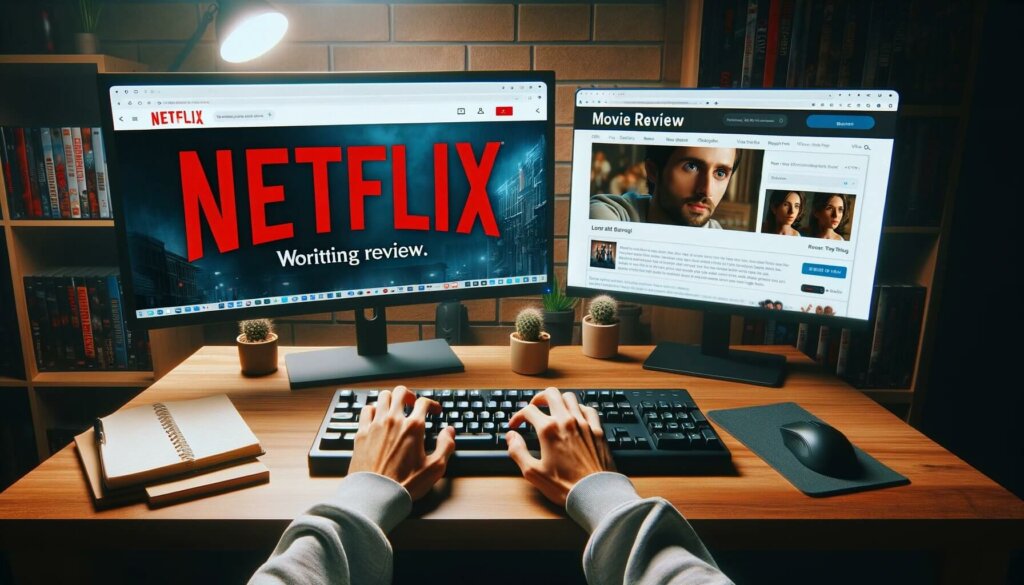 man sitting at neat desk with netflix logo on screen and review blog on second screen