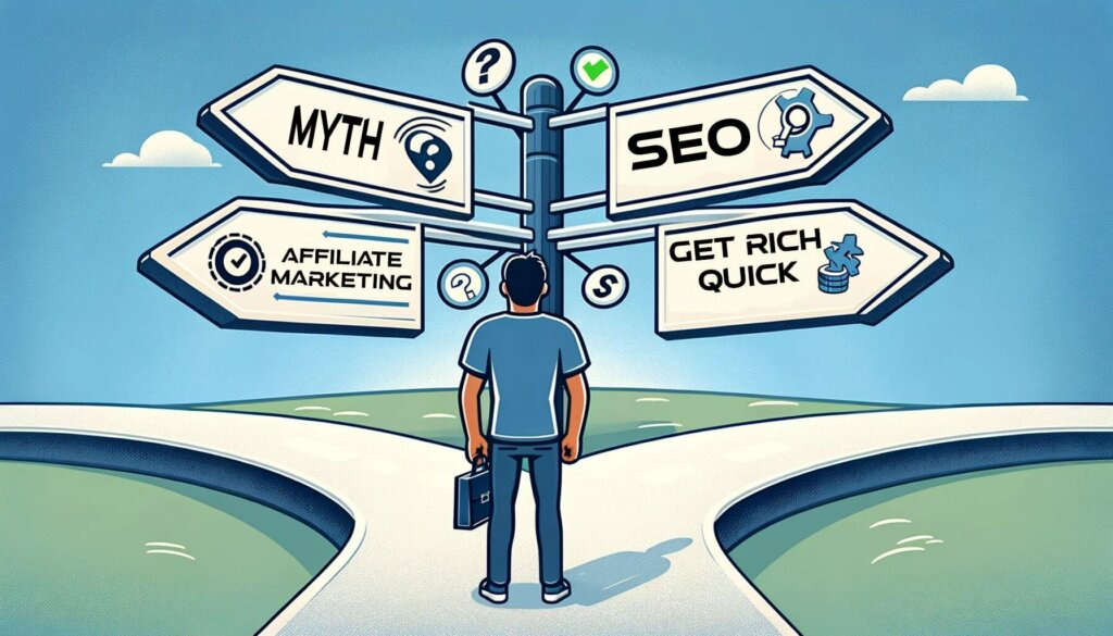 illustration of man standing at crossroads with signs pointing toward seo, affiliate marketing, myth and get rich quick