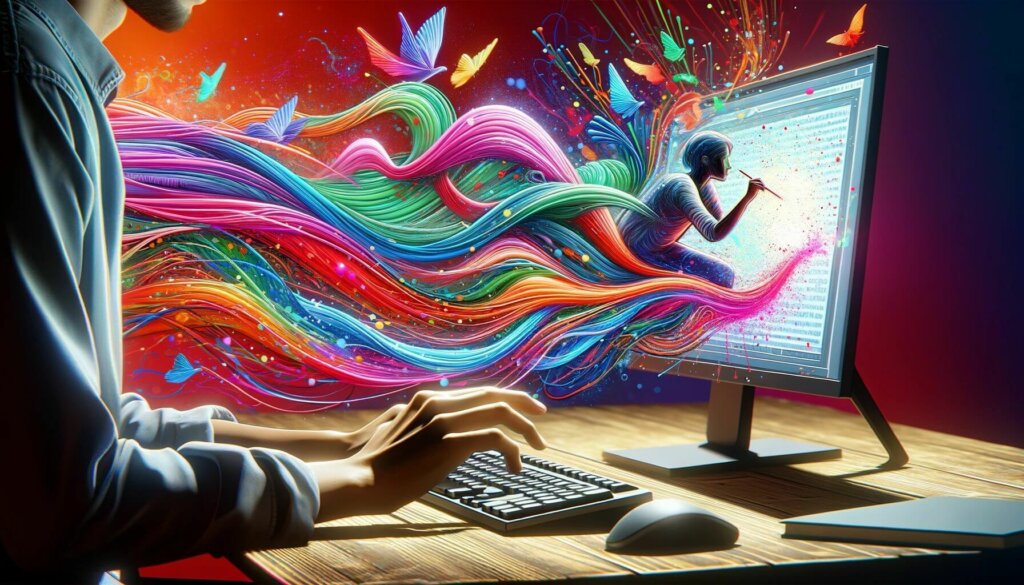man typing on keyboard with a representation of ai coming out of him and painting on a computer screen