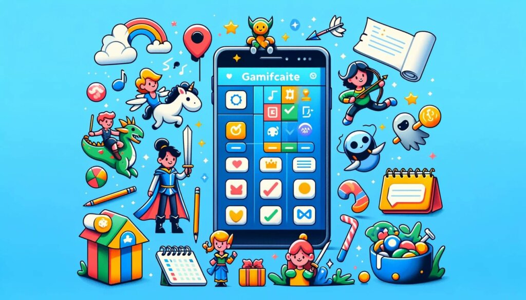 illustration of cartoon characters around a phone