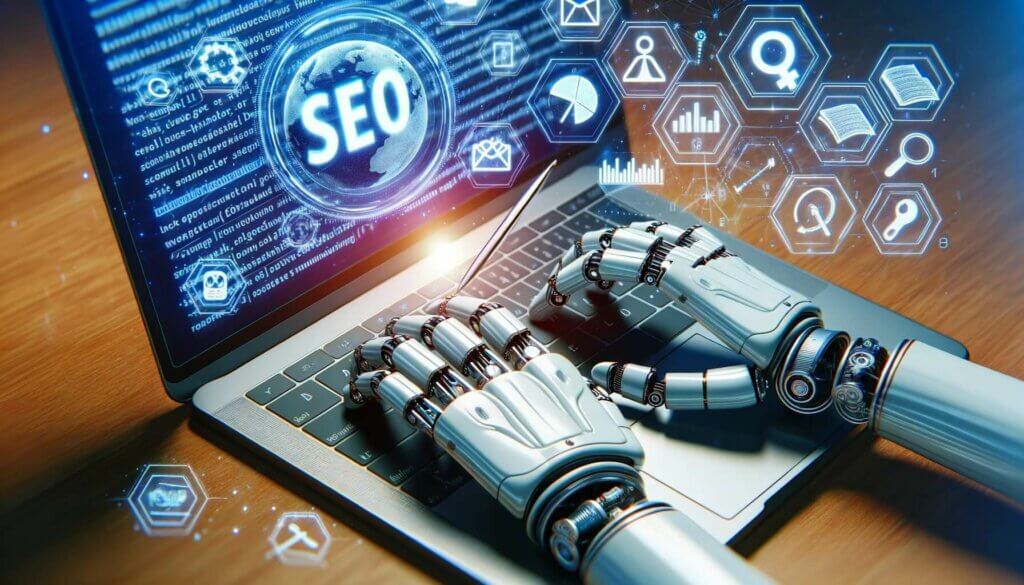 robot hands typing on a keyboard with SEO on the screen and blue symbols floating around
