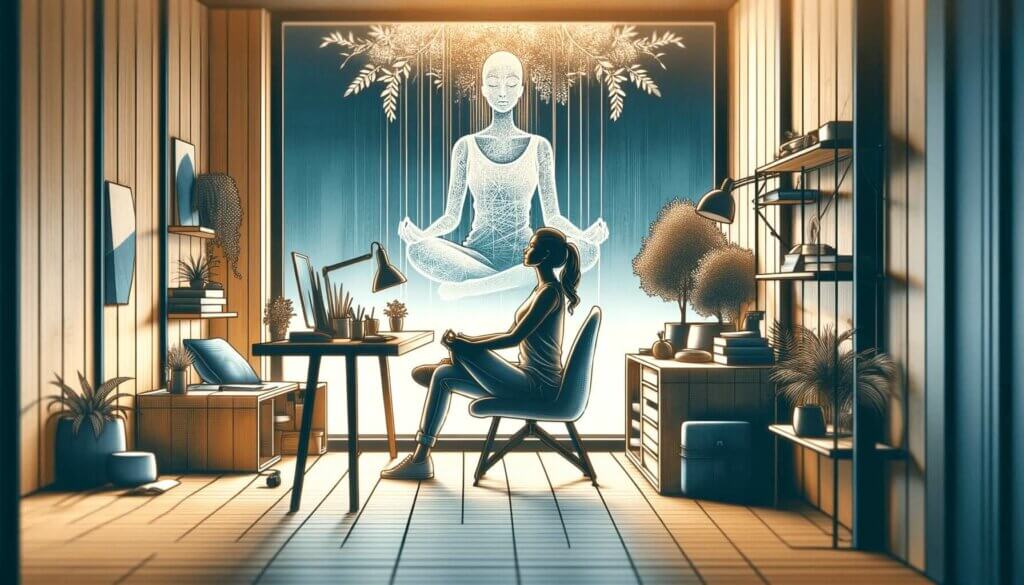 illustration of woman meditating at desk in serene room with floating digital woman meditating out the window