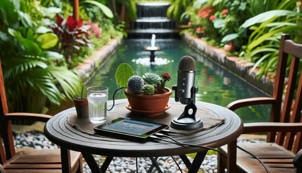 simple podcast setup with tablet and microphone sitting on a table in front of beautiful garden pond