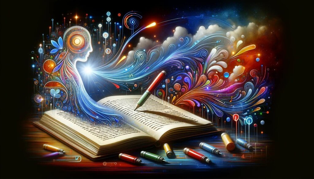 beautiful swirling shapes above an open book with writing pen