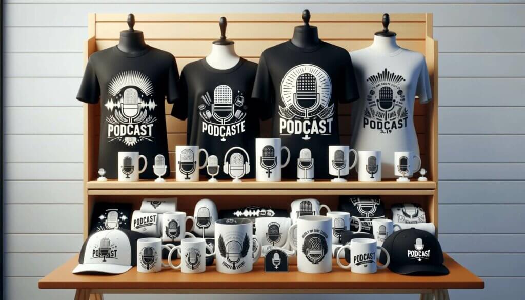 display of mugs, hats and tshirts as podcast merchandise
