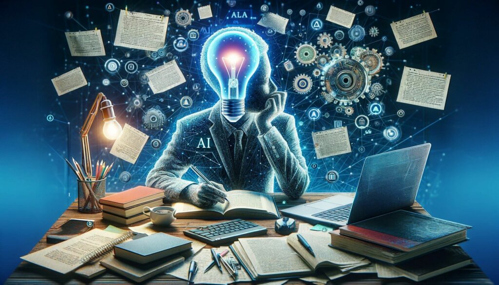 person sitting at desk with writing tools and paper. blue lightbulb symbolizing ai in their brain with floating symbols around