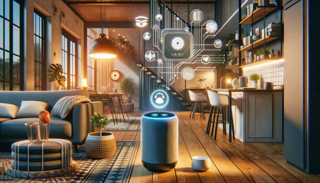 a smart home with ai controlling speakers and lights. cozy environment with soft lighting