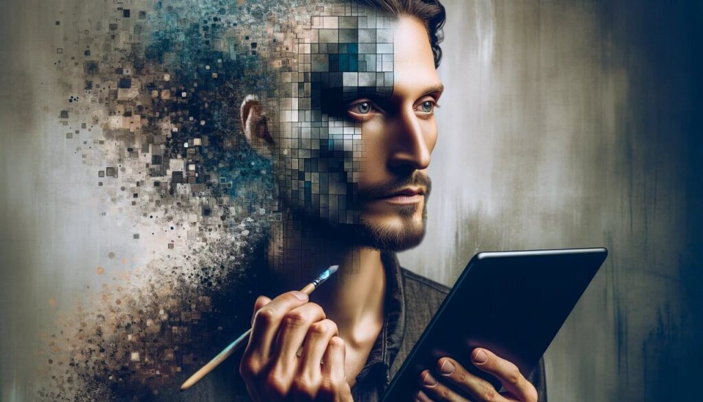 man holding paintbrush and tablet. left side of his body is turning into pixels and blowing away