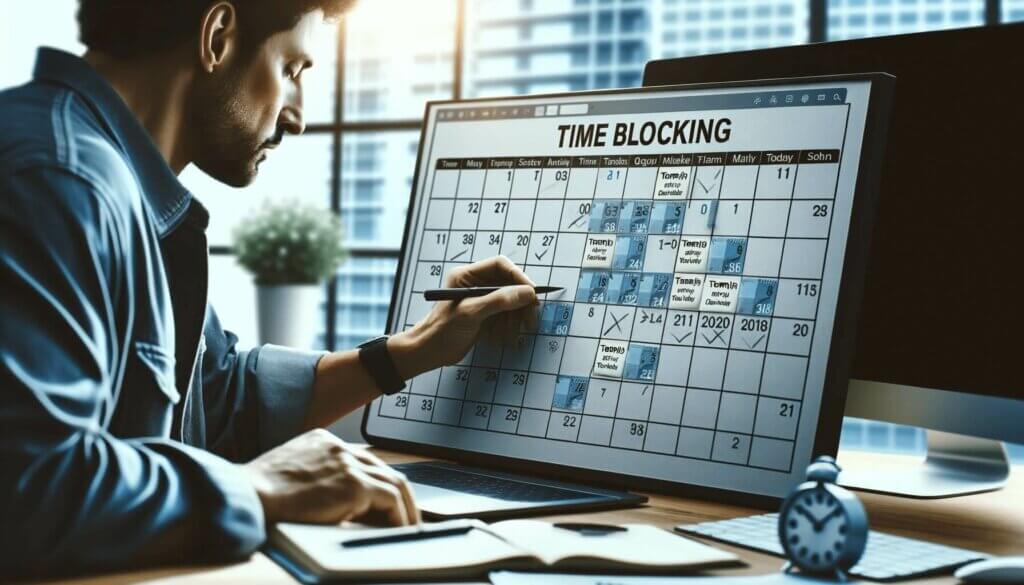 man sitting at desk blocking out time on a screen with a calendar view