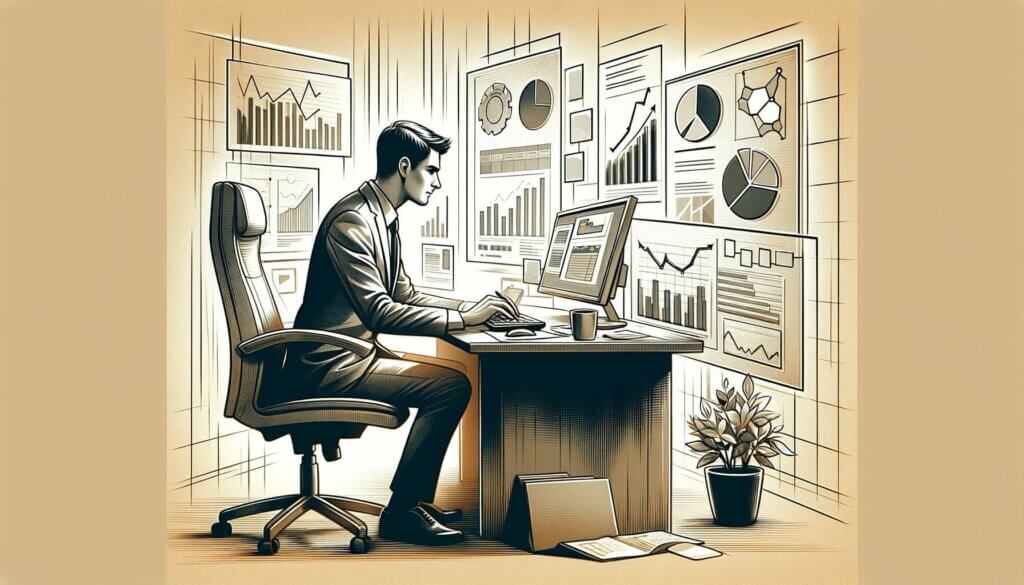 illustration of man sitting at desk with productivity symbols floating around