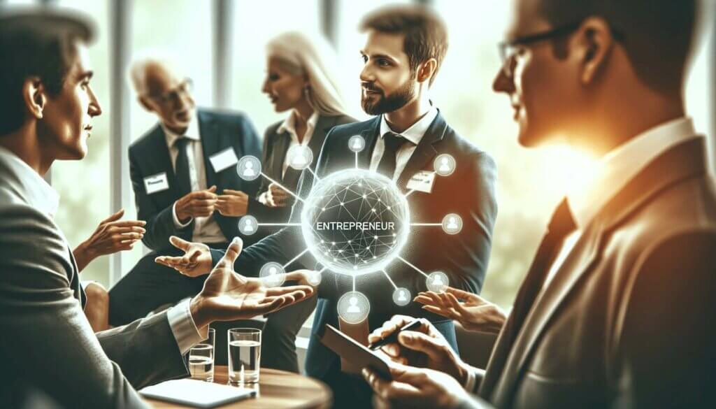 group of people talking and entrepreneur symbol glowing ball between them, connecting them