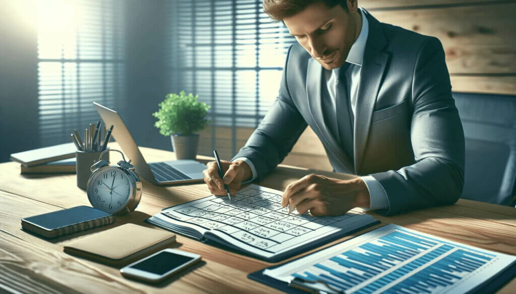 man sitting at desk prioritizing tasks in a calendar. very productive