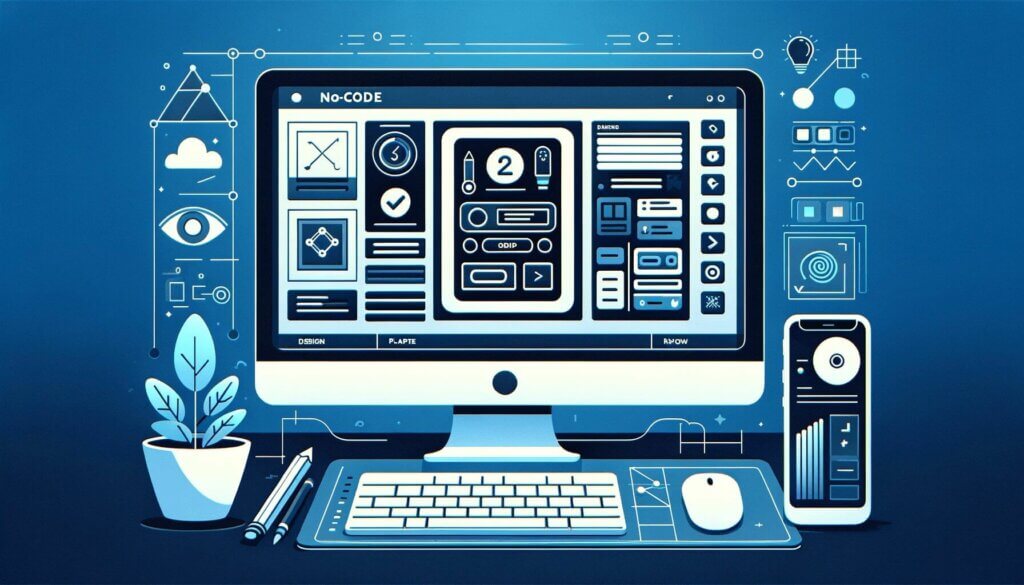 illustration of a computer with multiple apps open on the screen and no-code visible in the top left corner. illustrates the design process