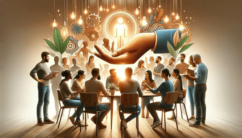 group of people standing around table with large hand floating above symbolizing networking