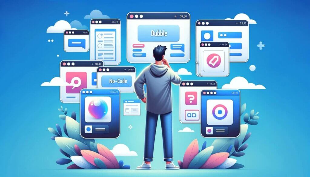 illustration of man standing in front of many screens choosing which no code app builder to use