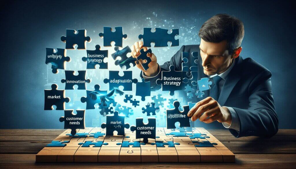 man fitting together puzzle pieces with business terms on them