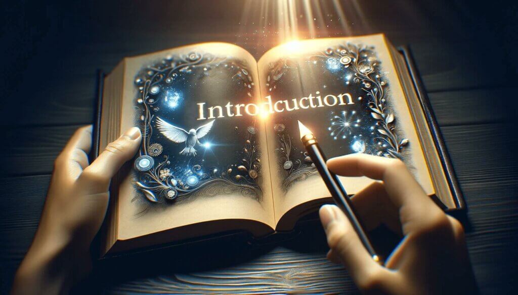 open book with introduction written in it with hands holding book and pen