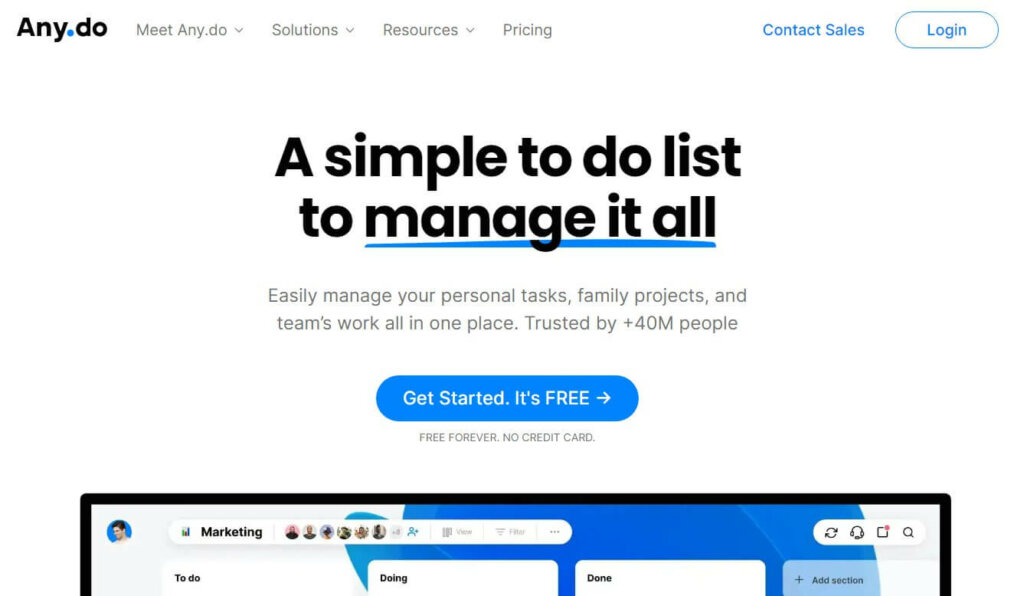 any.do homepage screenshot