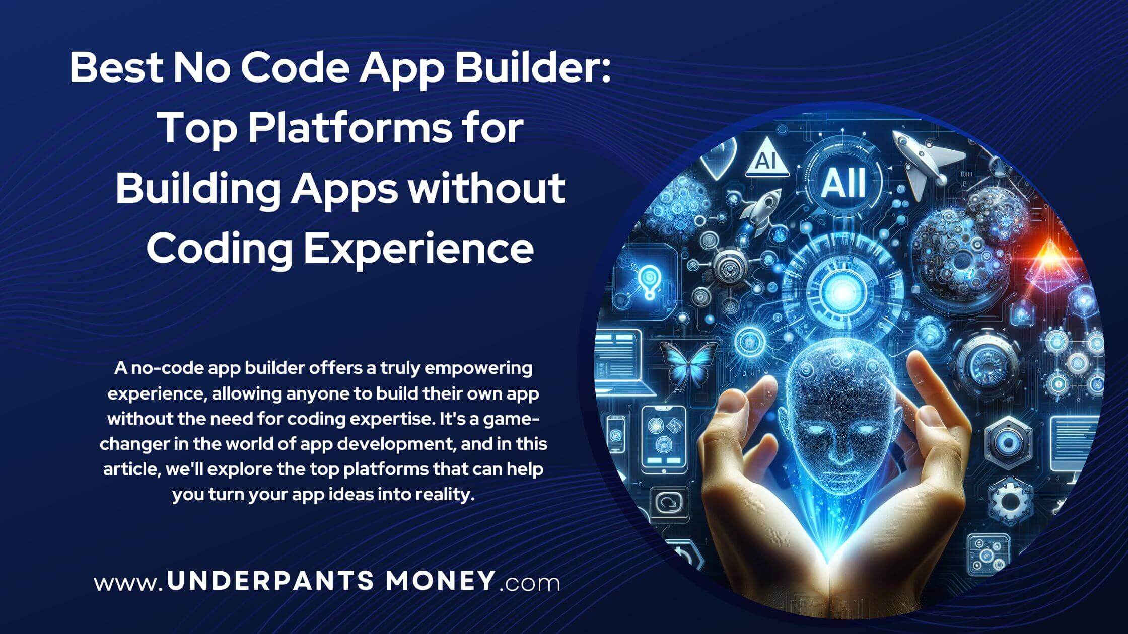 best no cold app builder title and sub text with website on blue. to the right is an image of hands holding a holographic head and apps floating around it