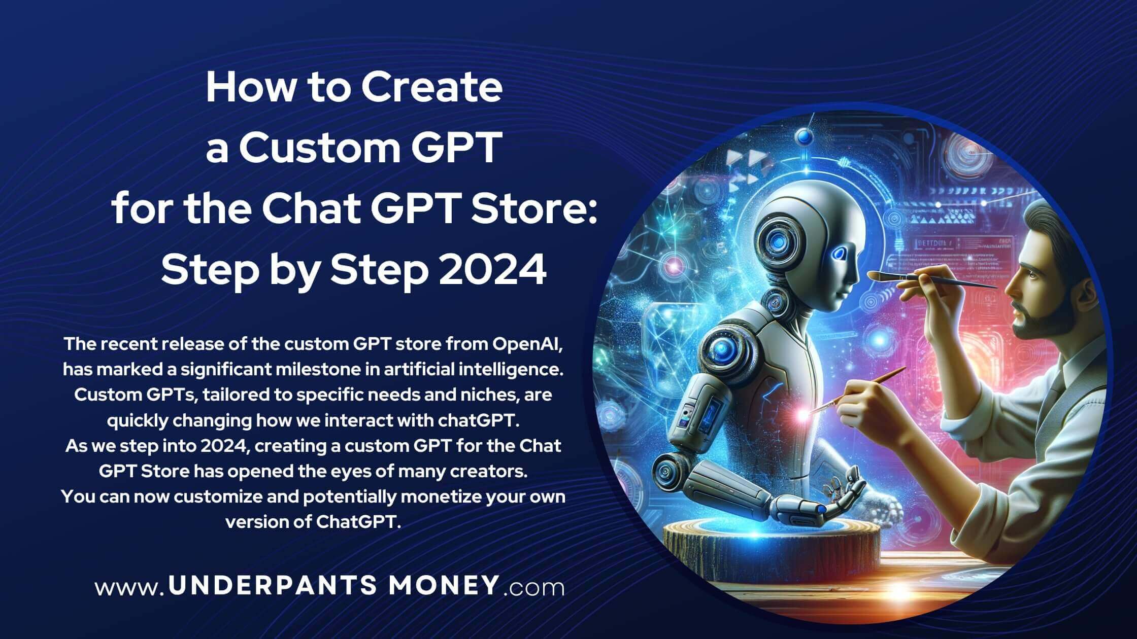 how to create a custom gpt for the gpt store title and description on blue with image of man customizing gpt chat bot