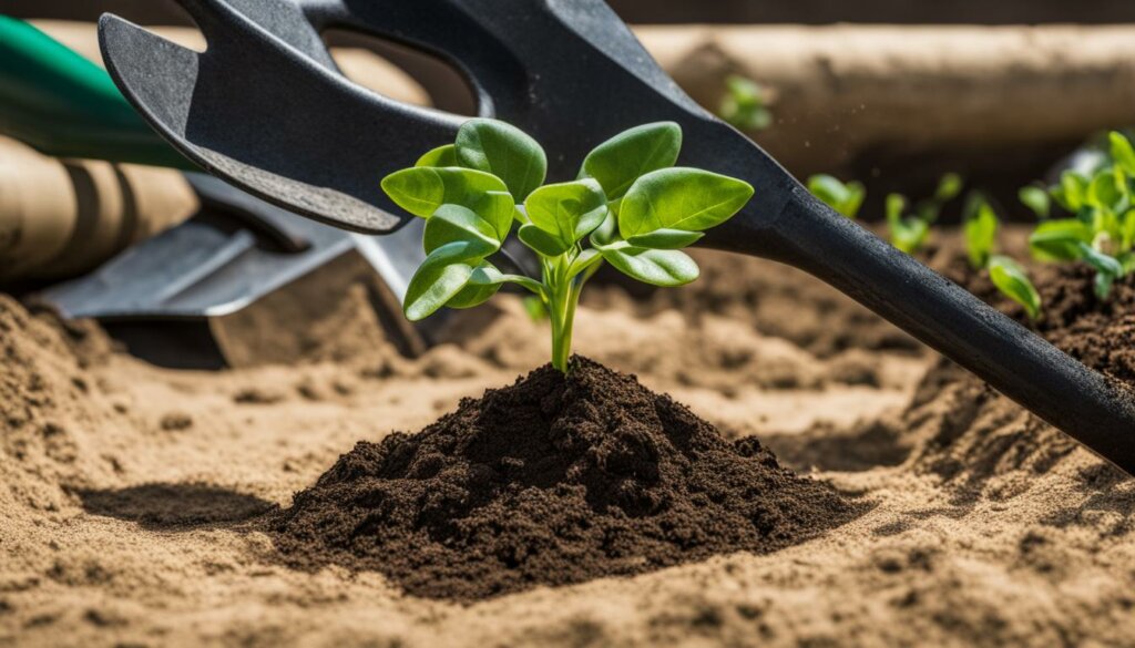 a tiny plant growing in freshly tilled soil with a cutting tool above