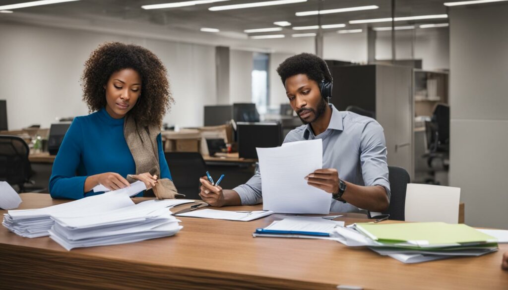 two people sitting at desk looking through paperwork